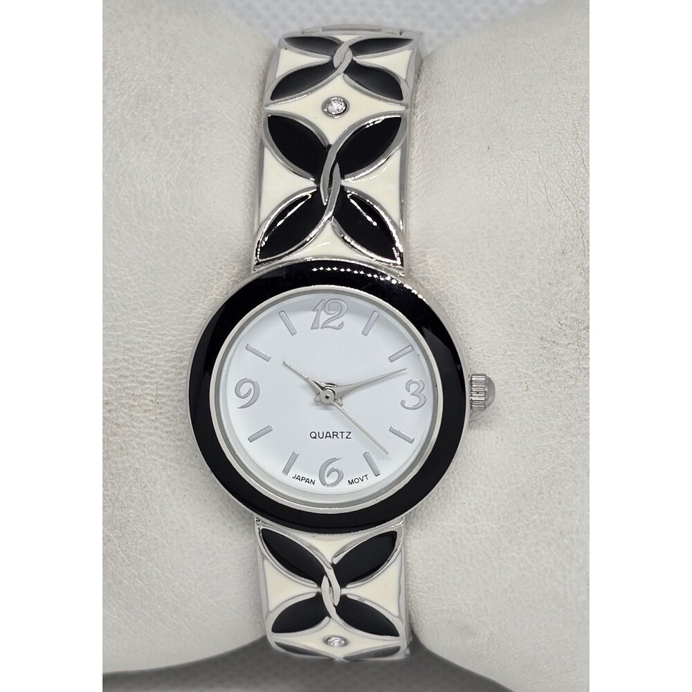 Women's Fancy Trendy Round White Silver Black Tone Cuff Band Watch 12 - Picture 5 of 9